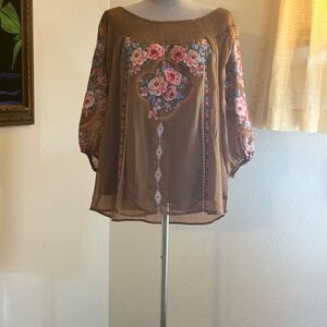 Savanna Jane Brown Floral Embroidered Peasant Tunic